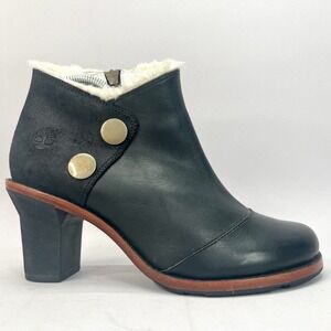 Timberland Boots Womens 8.5M Booties Shoes Black Leather Faux Fur Button‎ Heels
